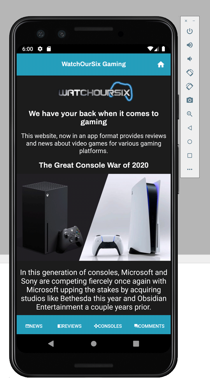 The homepage of the WatchOurSix gaming app
