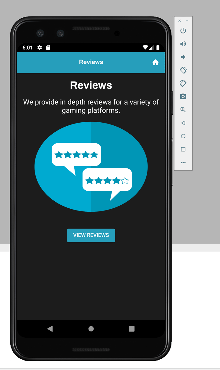 The Reviews entry page for the WatchOurSix gaming app